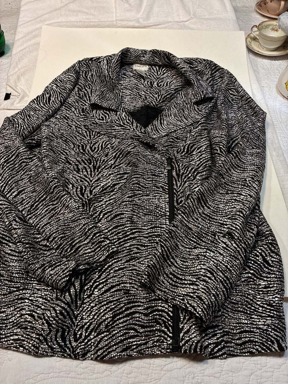 Chico's Women's Metallic Black and Silver Textured Zebra Moto Zip Front Jacket